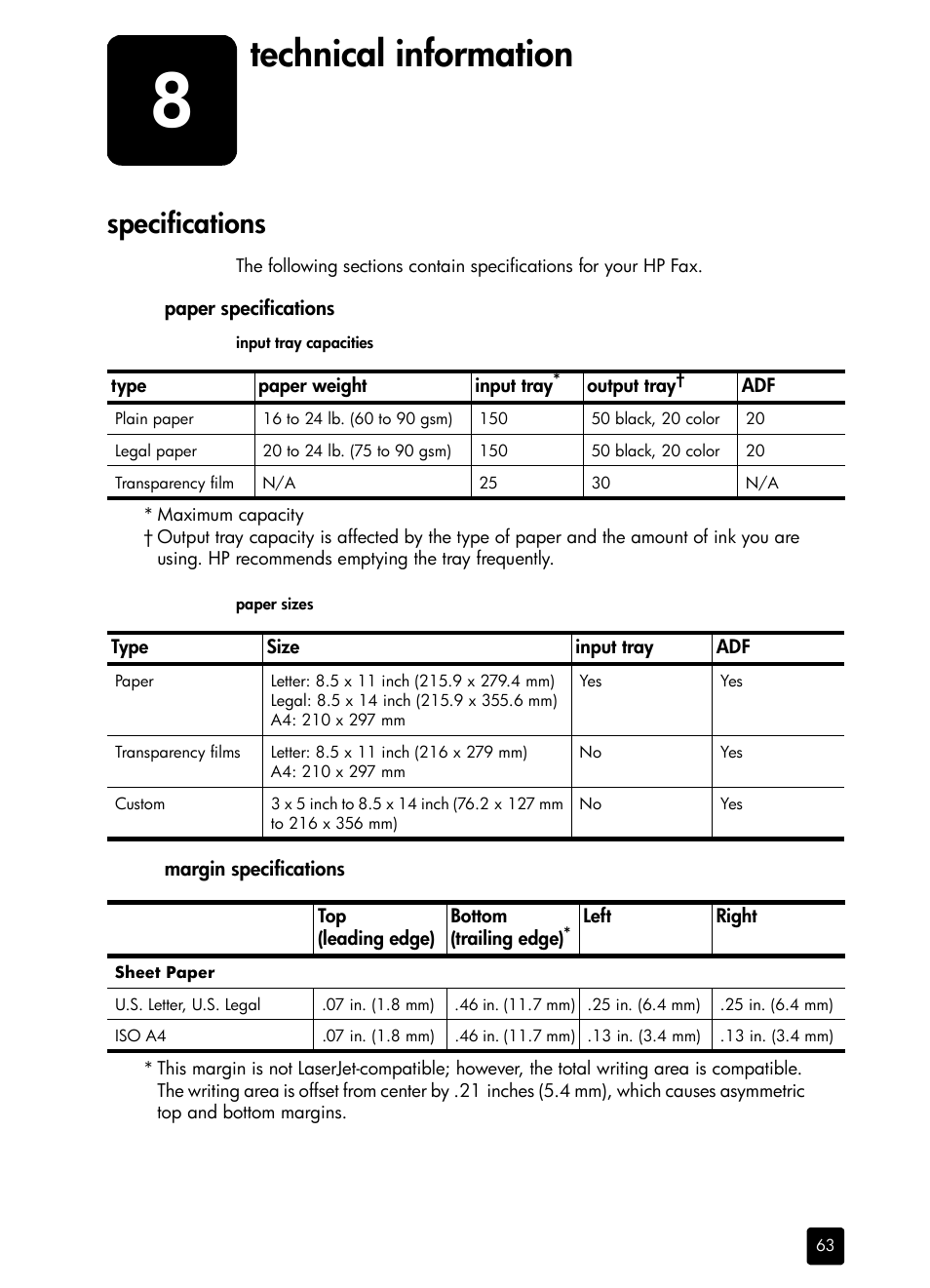 Technical information, Specifications, Paper specifications | Margin specifications, 8 technical information | HP 1230 SERIES User Manual | Page 69 / 88