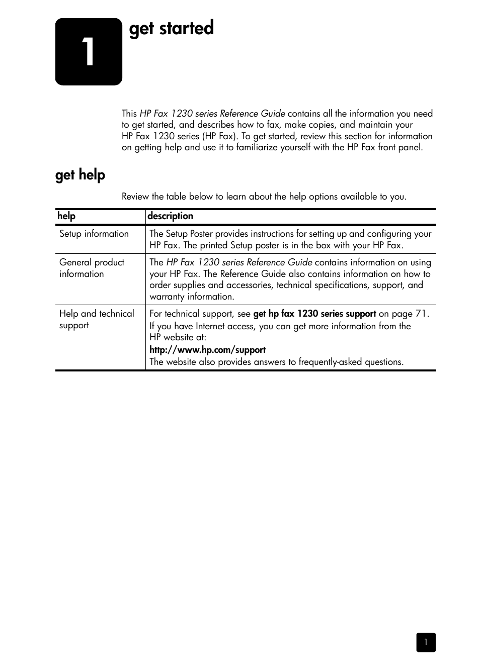 Get started, Get help, 1 get started | HP 1230 SERIES User Manual | Page 7 / 88