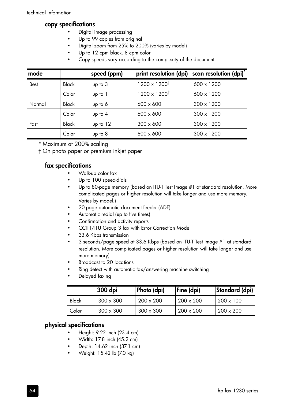 Copy specifications, Fax specifications, Physical specifications | HP 1230 SERIES User Manual | Page 70 / 88