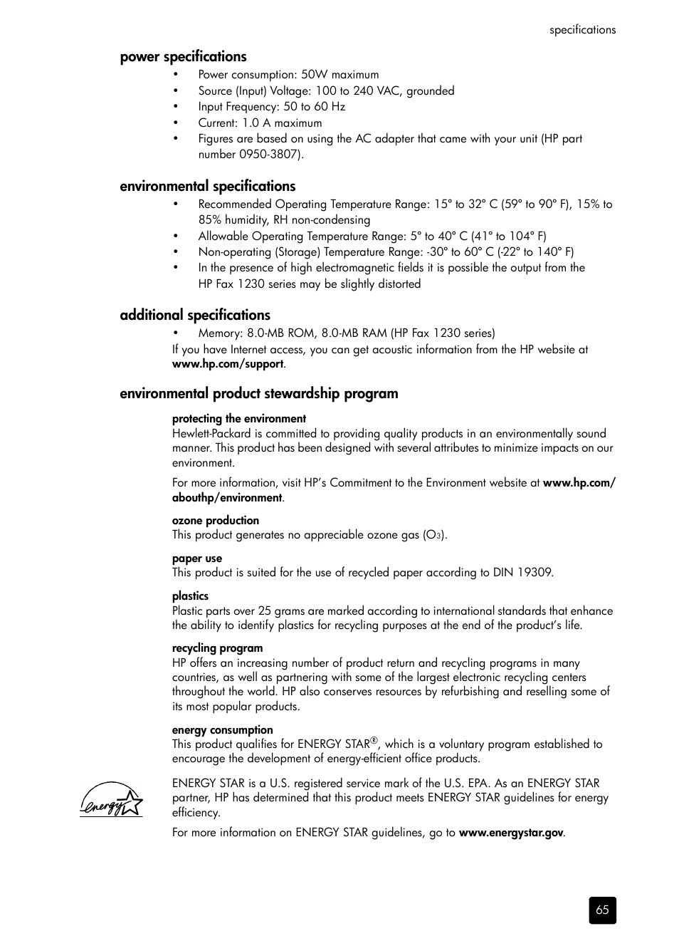 Power specifications, Environmental specifications, Additional specifications | Environmental product stewardship program | HP 1230 SERIES User Manual | Page 71 / 88