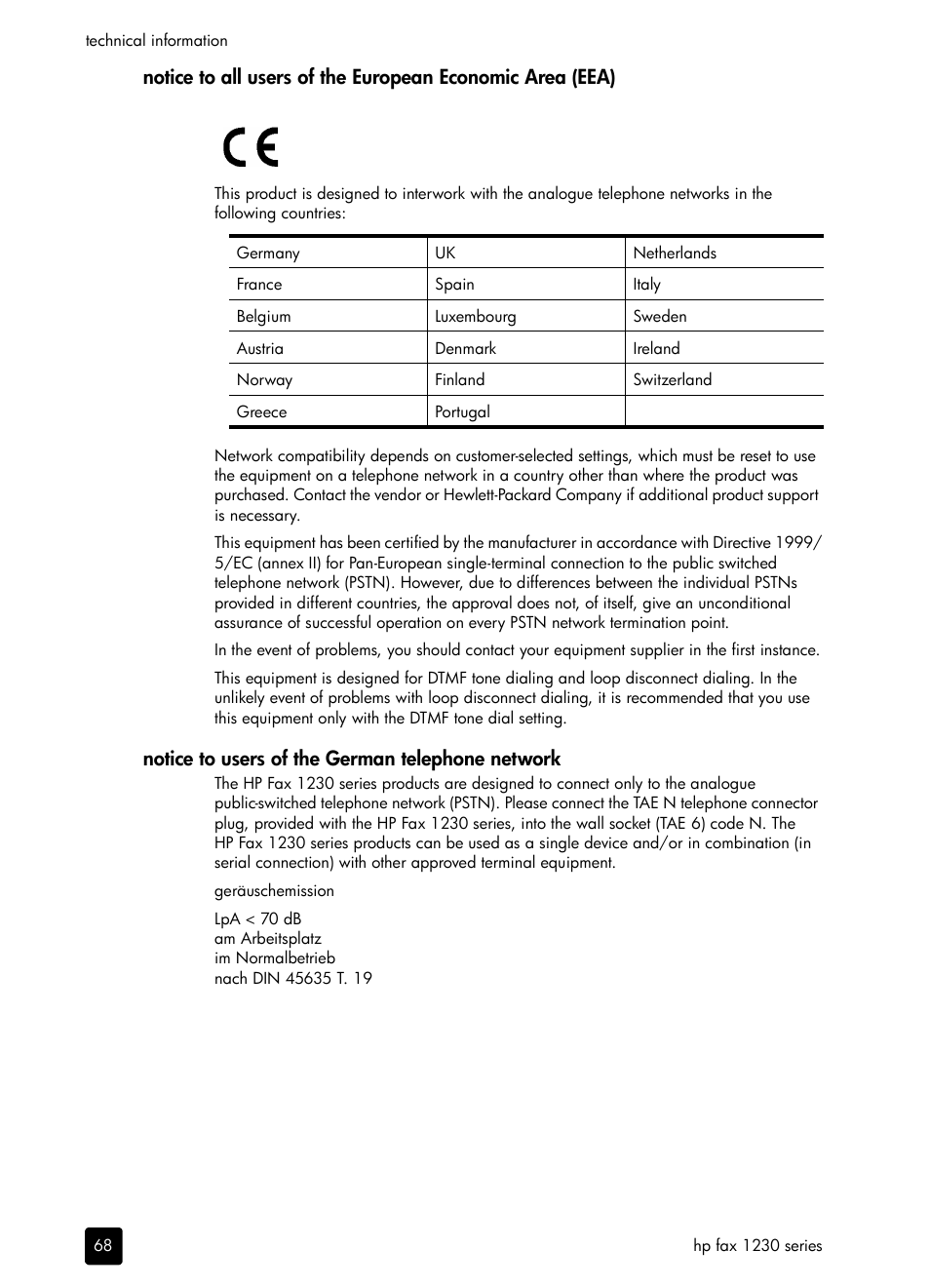 Notice to users of the german telephone network | HP 1230 SERIES User Manual | Page 74 / 88