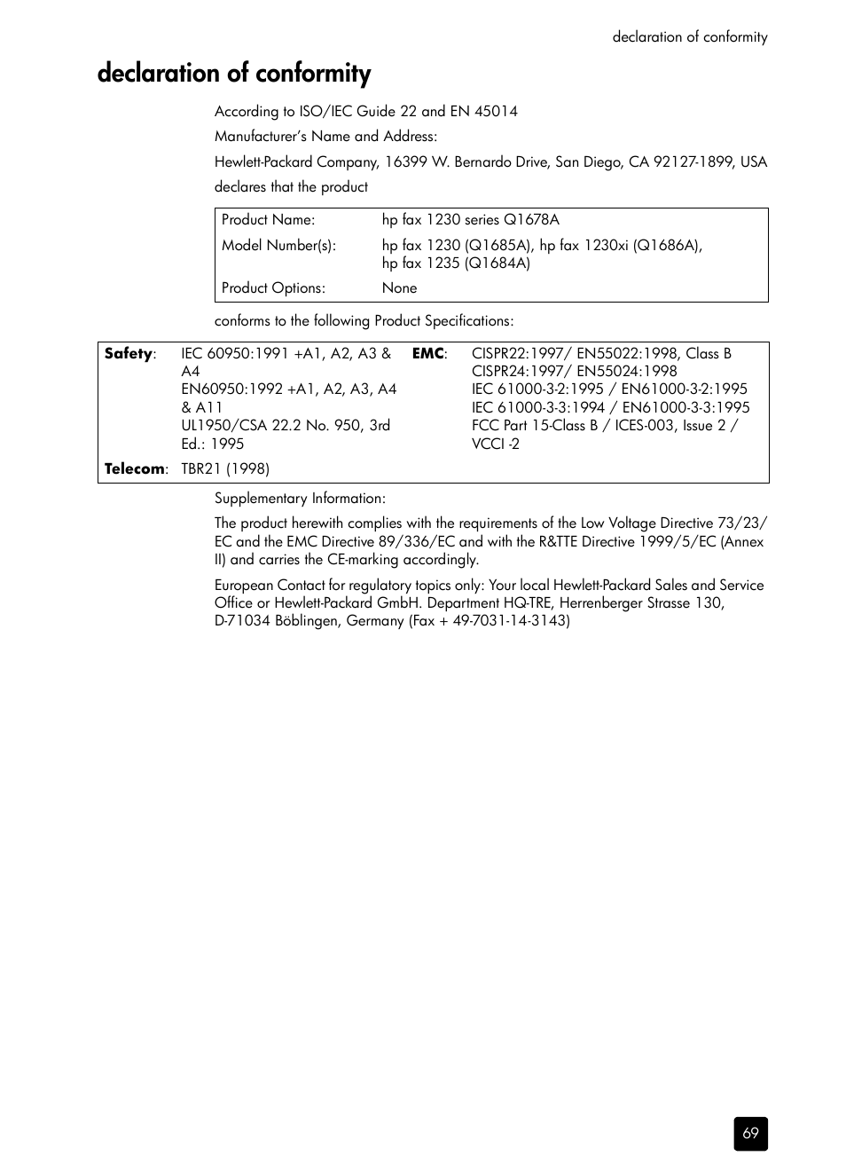 Declaration of conformity | HP 1230 SERIES User Manual | Page 75 / 88