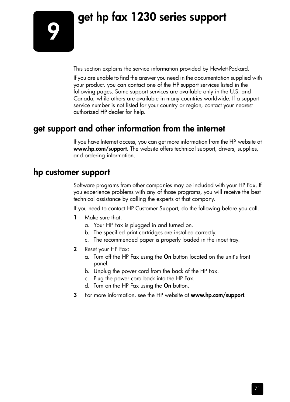 Get hpfax1230series support, Hp customer support, 9 get hp fax 1230 series support | Get hp fax 1230 series support | HP 1230 SERIES User Manual | Page 77 / 88