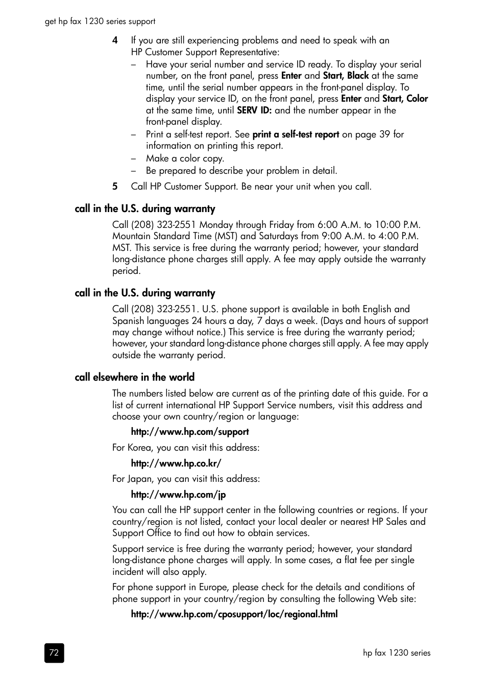 Call in the u.s. during warranty, Call elsewhere in the world | HP 1230 SERIES User Manual | Page 78 / 88