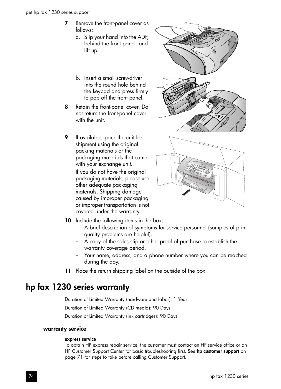 Hpfax1230series warranty, Warranty service, Hp fax 1230 series warranty | HP 1230 SERIES User Manual | Page 80 / 88