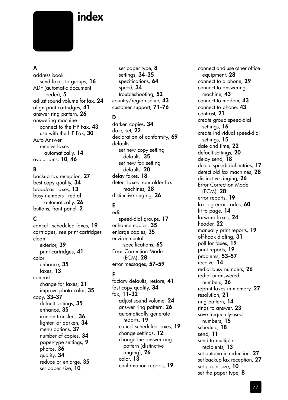 Index | HP 1230 SERIES User Manual | Page 83 / 88