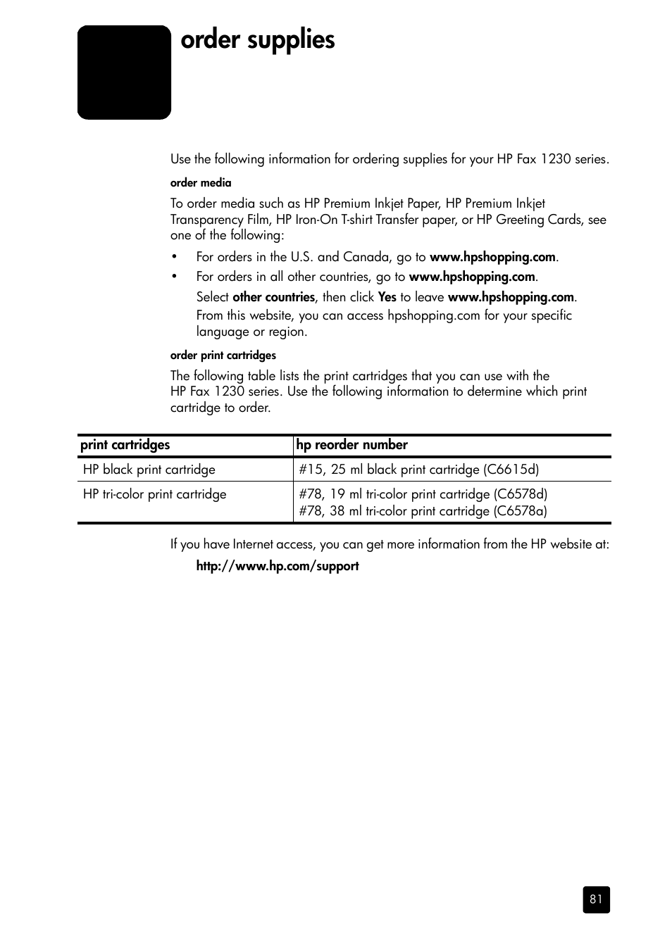 Order supplies | HP 1230 SERIES User Manual | Page 87 / 88