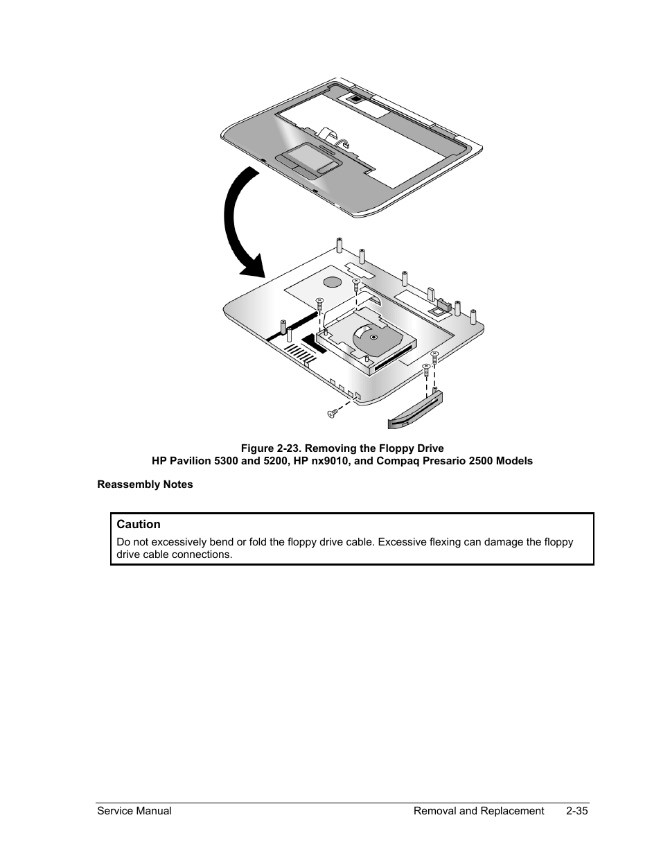 Figure 2-23. removing the floppy drive -35 | HP Pavilion ze5300 User Manual | Page 106 / 188