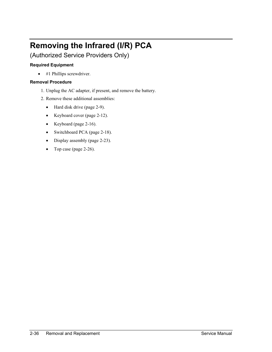Removing the infrared (i/r) pca, Removing the infrared (i/r) pca -36, Authorized service providers only) | HP Pavilion ze5300 User Manual | Page 107 / 188