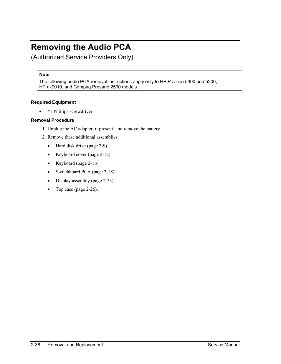 Removing the audio pca, Removing the audio pca -38, Authorized service providers only) | HP Pavilion ze5300 User Manual | Page 109 / 188