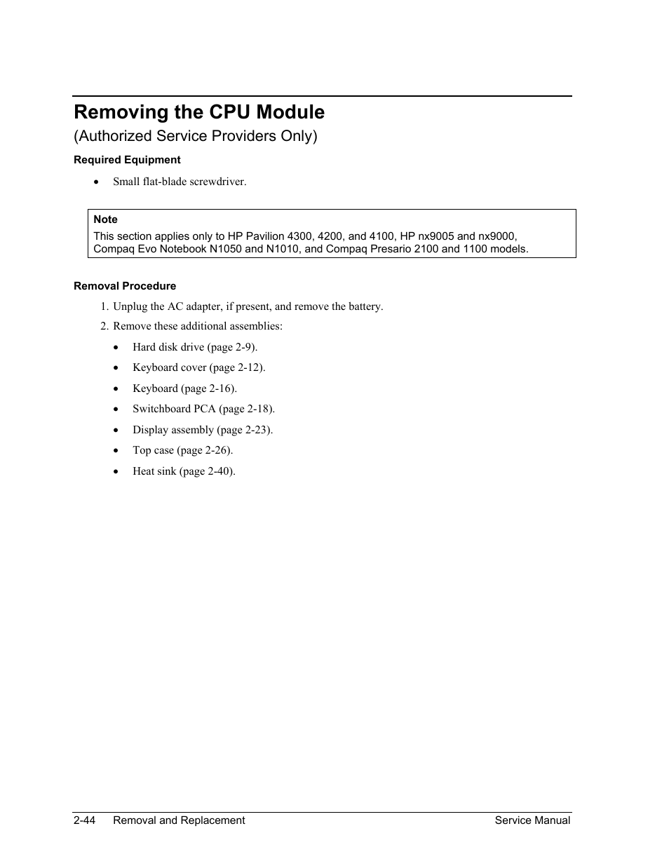 Removing the cpu module, Removing the cpu module -44, Authorized service providers only) | HP Pavilion ze5300 User Manual | Page 115 / 188