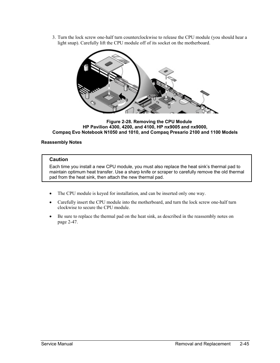 Figure 2-28. removing the cpu module -45 | HP Pavilion ze5300 User Manual | Page 116 / 188