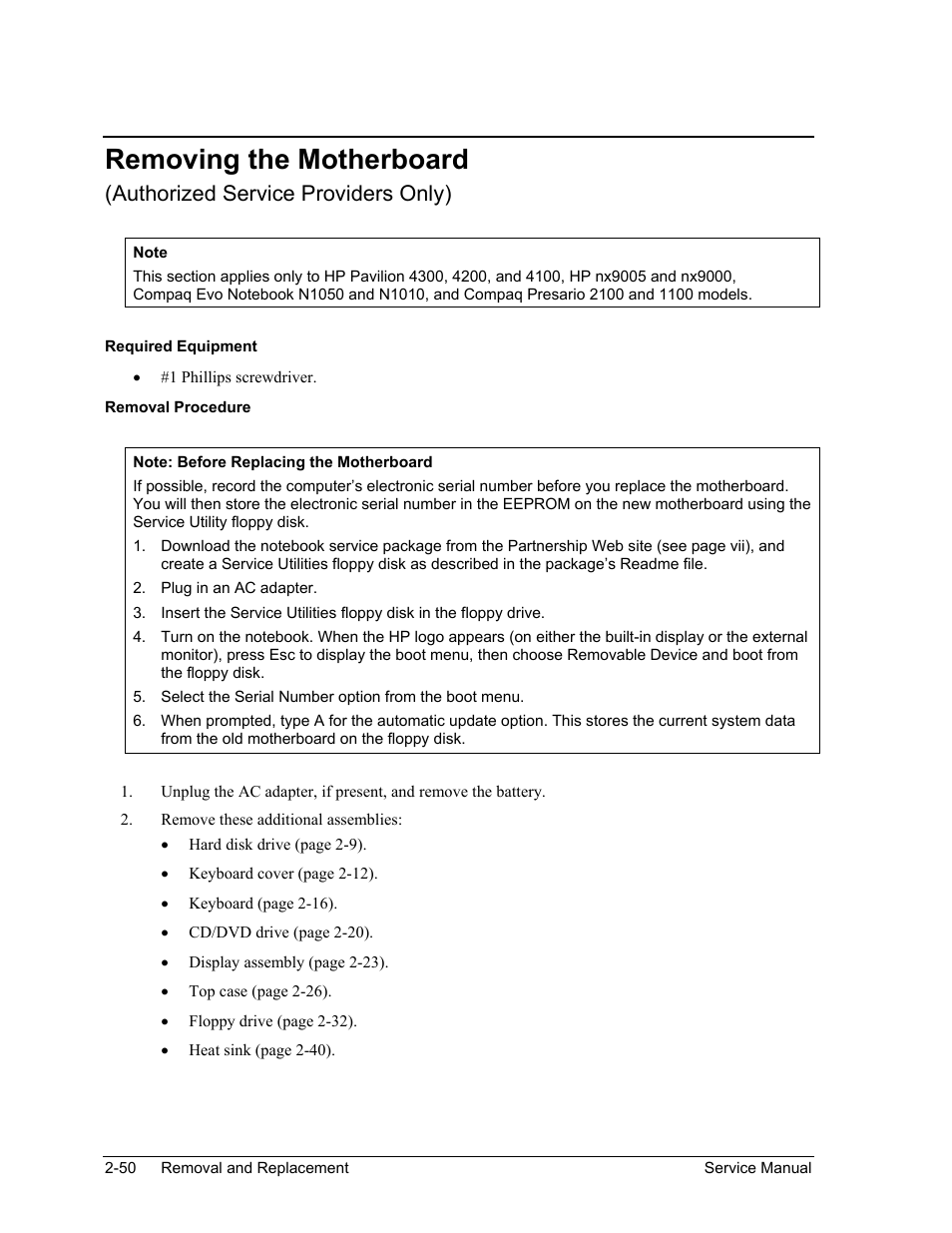 Removing the motherboard, Removing the motherboard -50, Authorized service providers only) | HP Pavilion ze5300 User Manual | Page 121 / 188