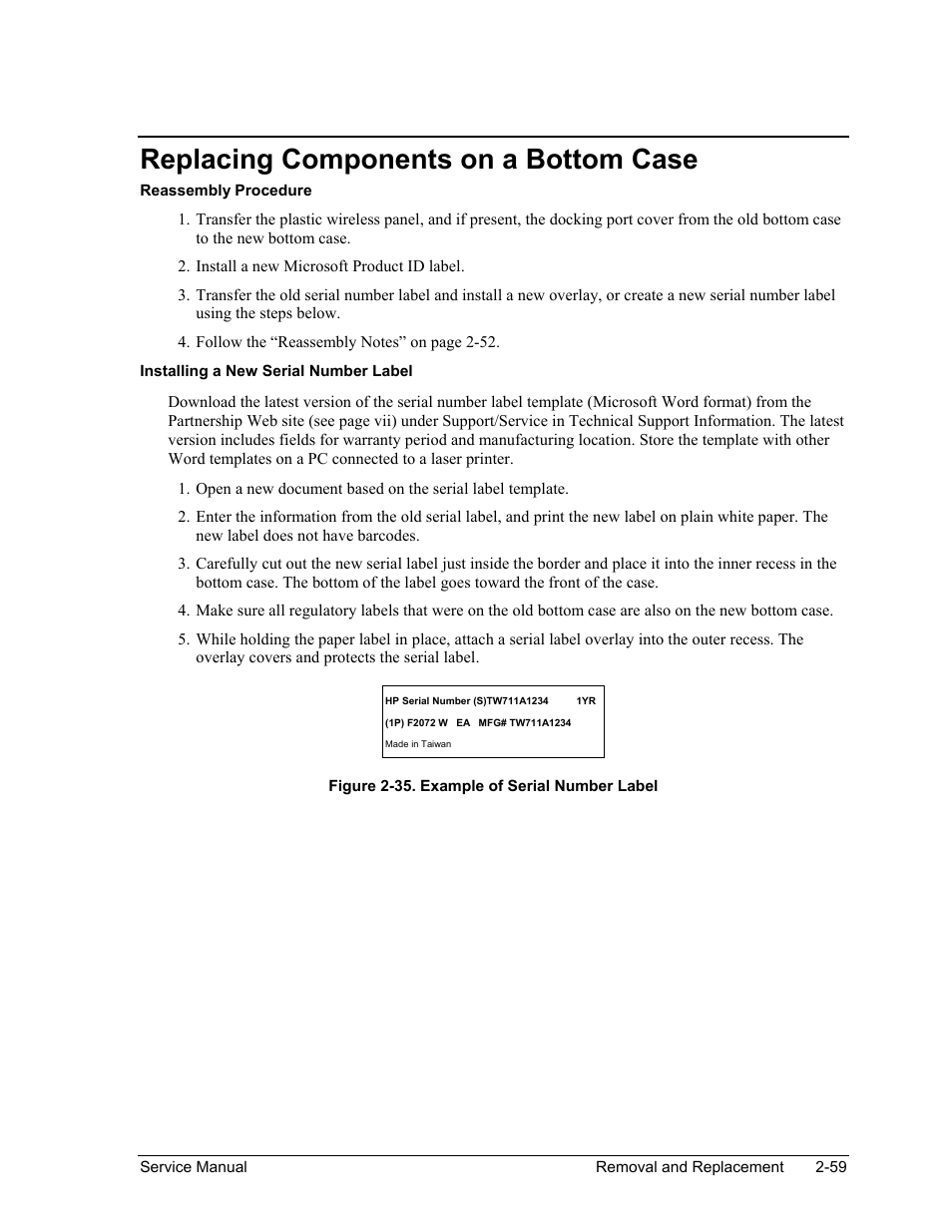 Replacing components on a bottom case, Replacing components on a bottom case -59, Figure 2-35. example of serial number label -59 | HP Pavilion ze5300 User Manual | Page 130 / 188