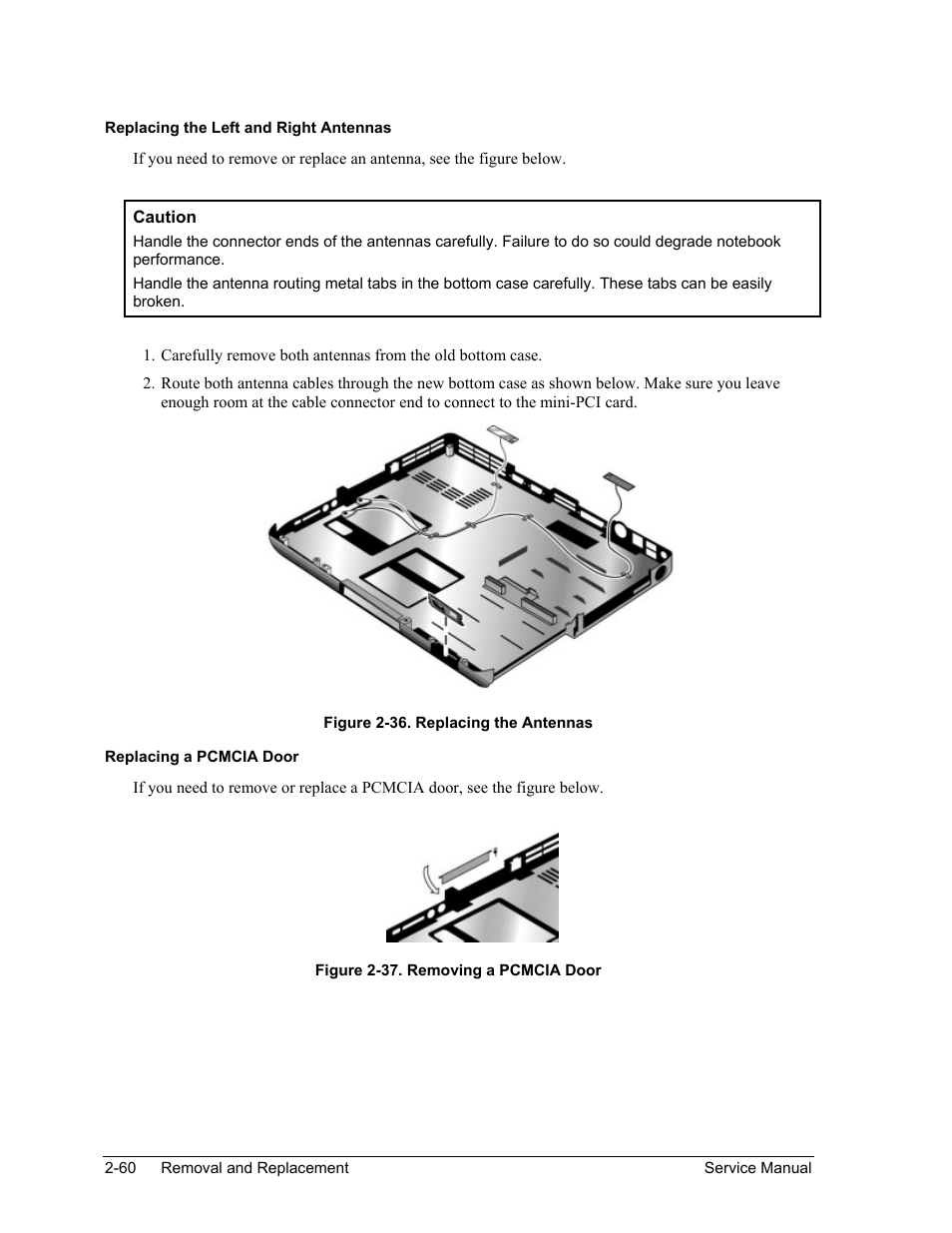 Figure 2-36. replacing the antennas -60, Figure 2-37. removing a pcmcia door -60 | HP Pavilion ze5300 User Manual | Page 131 / 188