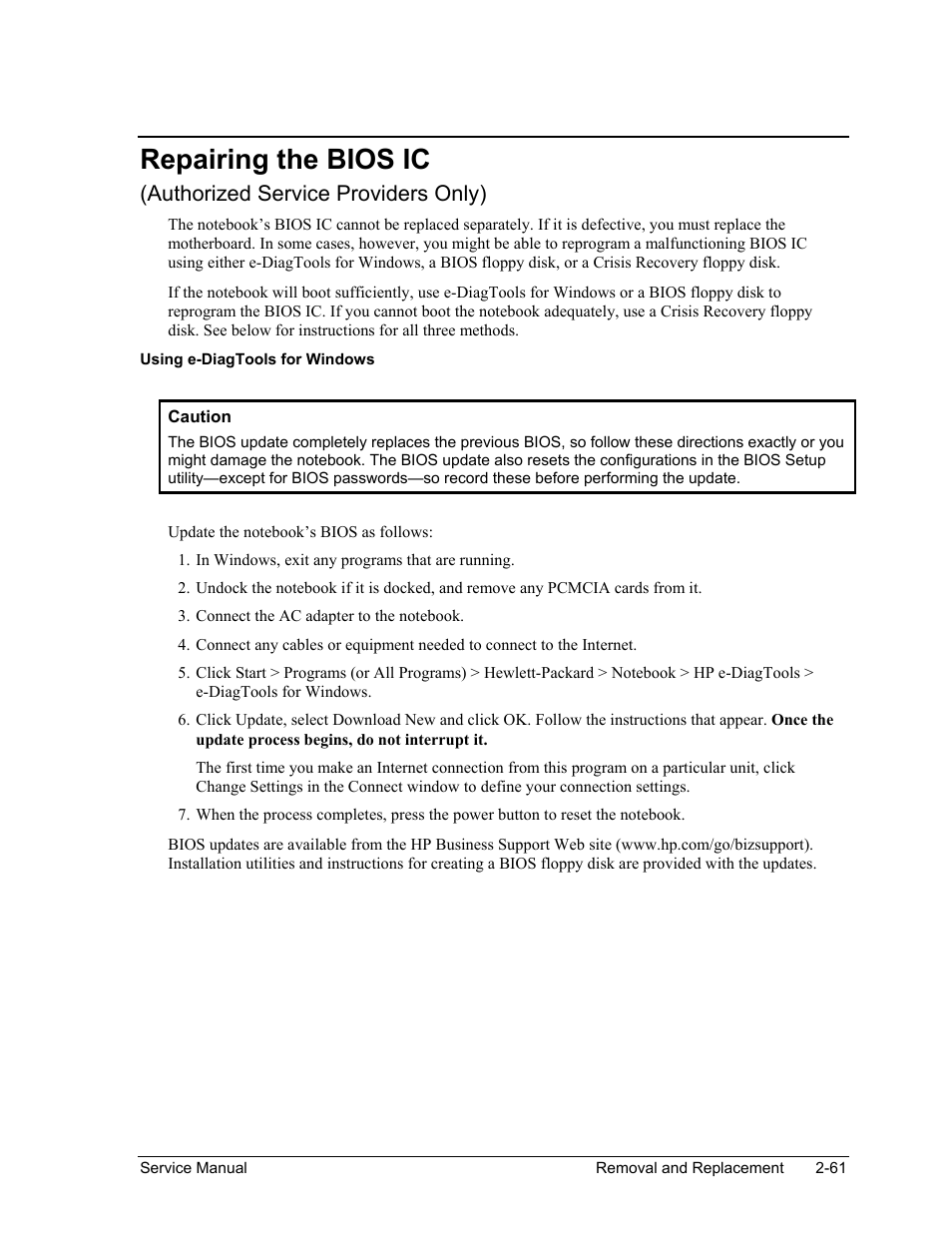 Repairing the bios ic, Repairing the bios ic -61, Authorized service providers only) | HP Pavilion ze5300 User Manual | Page 132 / 188