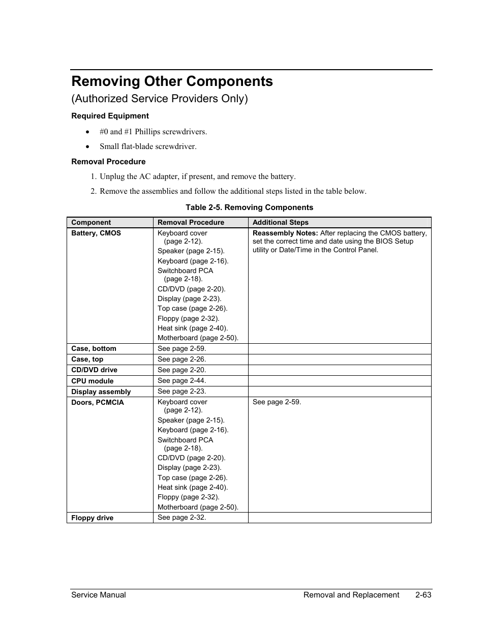 Removing other components, Removing other components -63, Table 2-5. removing components -63 | Authorized service providers only) | HP Pavilion ze5300 User Manual | Page 134 / 188