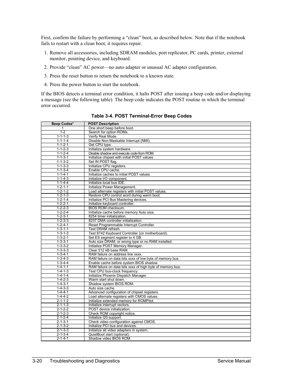 Table 3-4. post terminal-error beep codes -20 | HP Pavilion ze5300 User Manual | Page 155 / 188