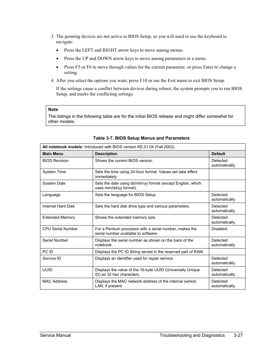 Table 3-7. bios setup menus and parameters -27 | HP Pavilion ze5300 User Manual | Page 162 / 188