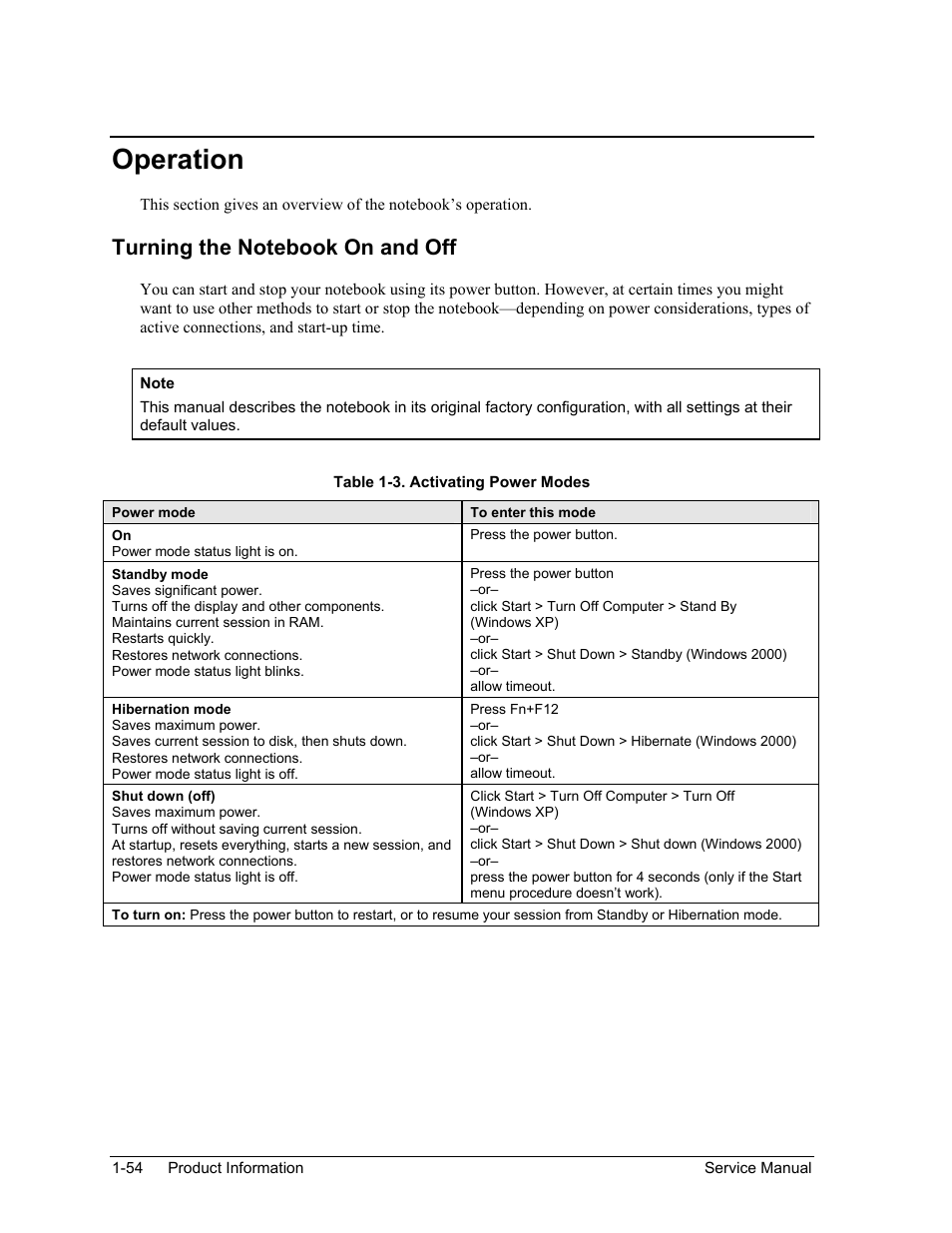 Operation, Turning the notebook on and off, Operation -54 | Table 1-3. activating power modes -54 | HP Pavilion ze5300 User Manual | Page 60 / 188