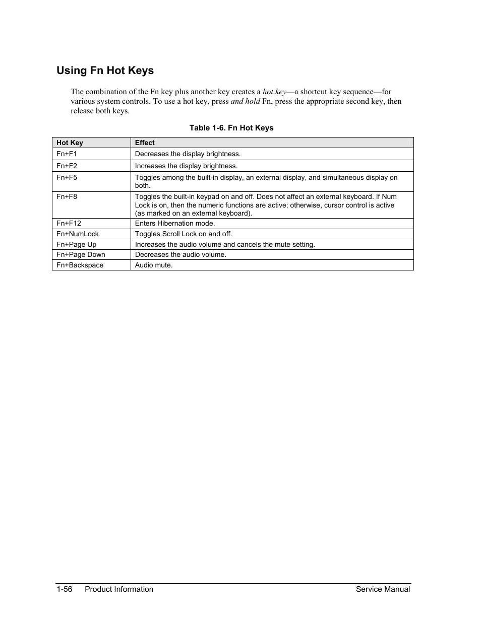 Using fn hot keys, Table 1-6. fn hot keys -56 | HP Pavilion ze5300 User Manual | Page 62 / 188