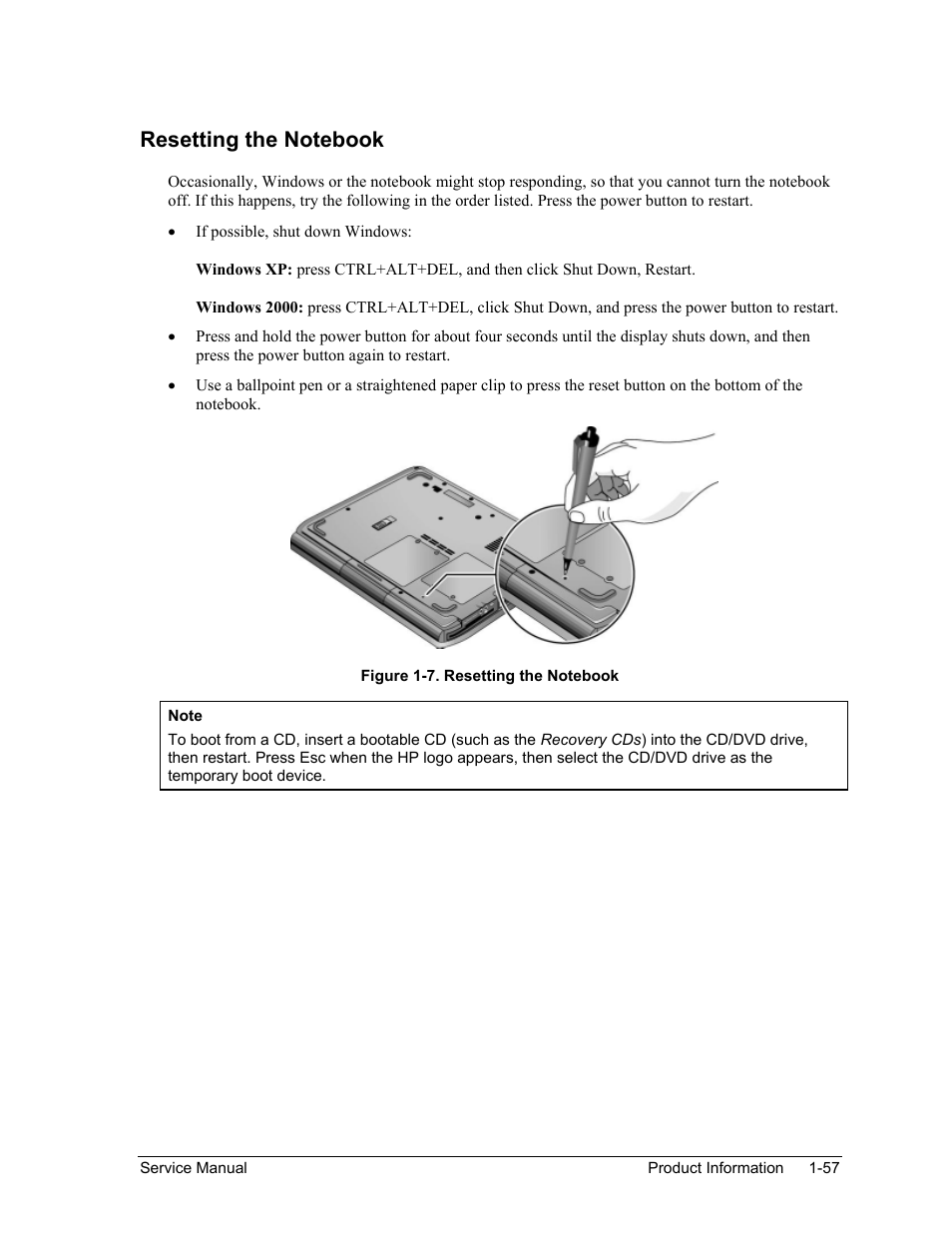 Resetting the notebook, Figure 1-7. resetting the notebook -57 | HP Pavilion ze5300 User Manual | Page 63 / 188