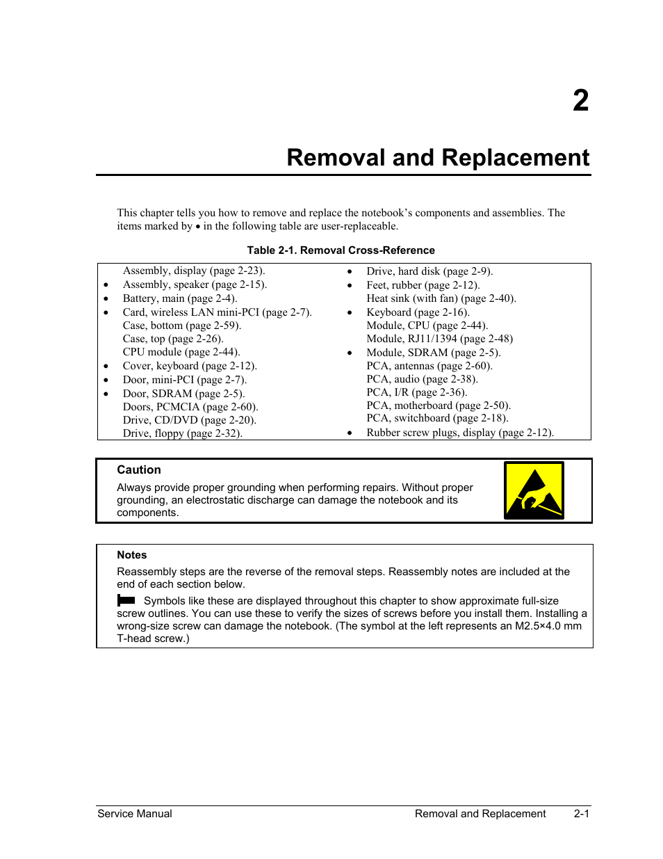 Removal and replacement, Removal and replacement -1, Table 2-1. removal cross-reference -1 | HP Pavilion ze5300 User Manual | Page 72 / 188