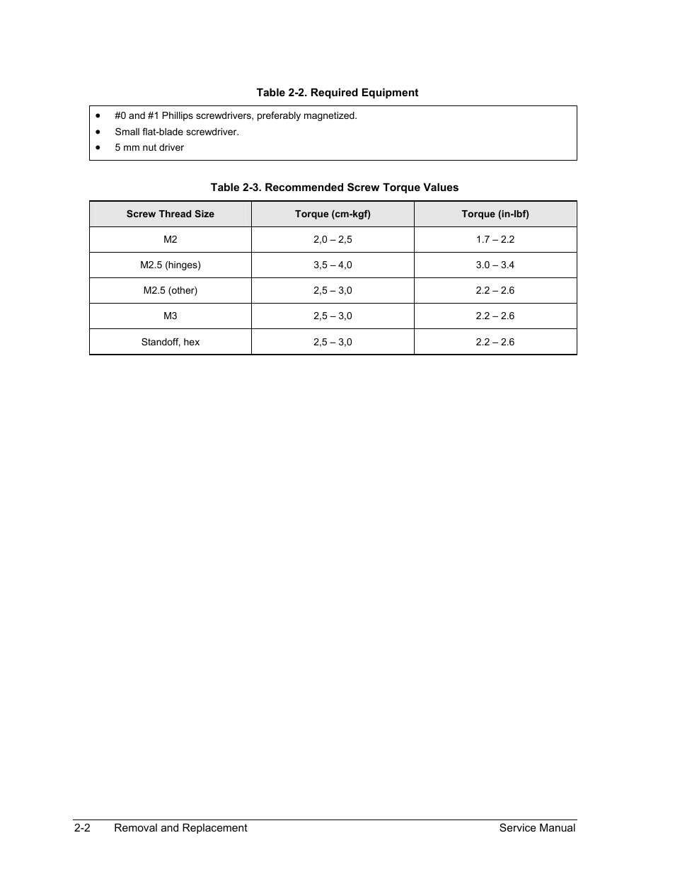 Table 2-2. required equipment -2, Table 2-3. recommended screw torque values -2 | HP Pavilion ze5300 User Manual | Page 73 / 188