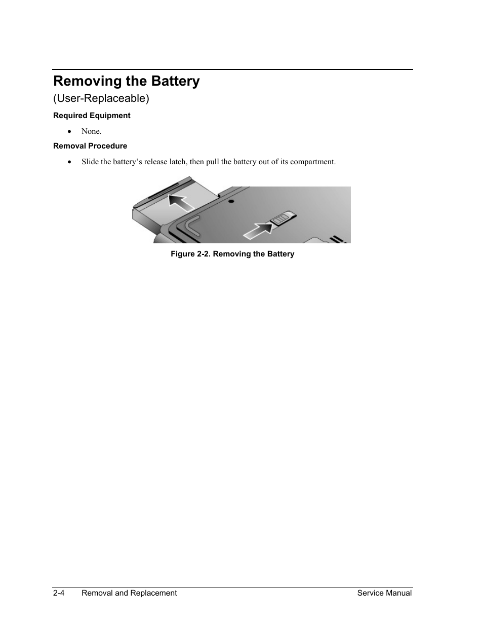 Removing the battery, Removing the battery -4, Figure 2-2. removing the battery -4 | User-replaceable) | HP Pavilion ze5300 User Manual | Page 75 / 188