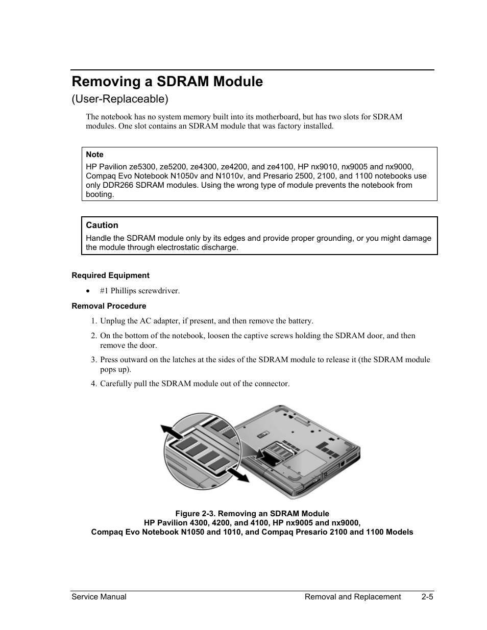 Removing a sdram module, Removing a sdram module -5, Figure 2-3. removing an sdram module -5 | User-replaceable) | HP Pavilion ze5300 User Manual | Page 76 / 188