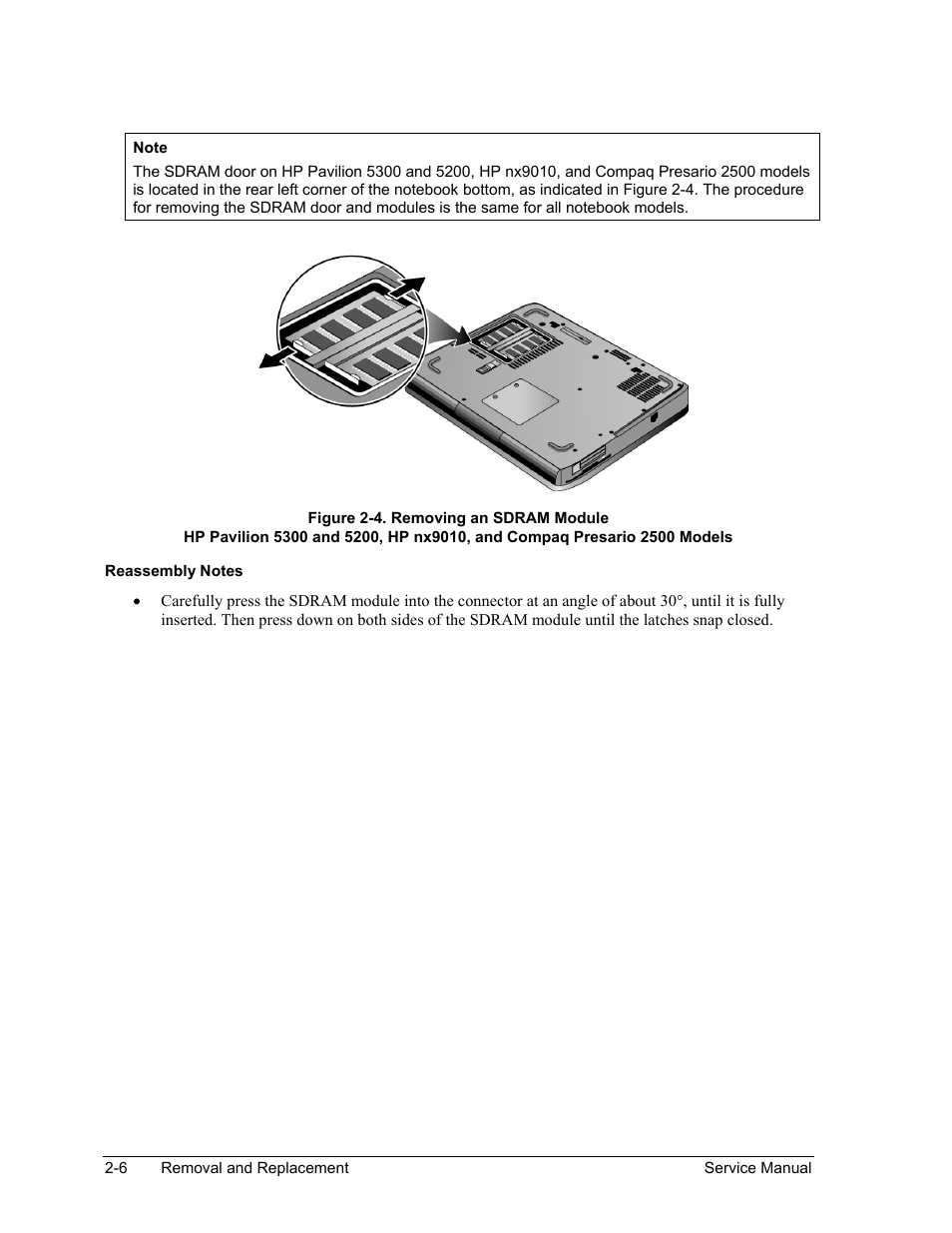 Figure 2-4. removing an sdram module -6 | HP Pavilion ze5300 User Manual | Page 77 / 188