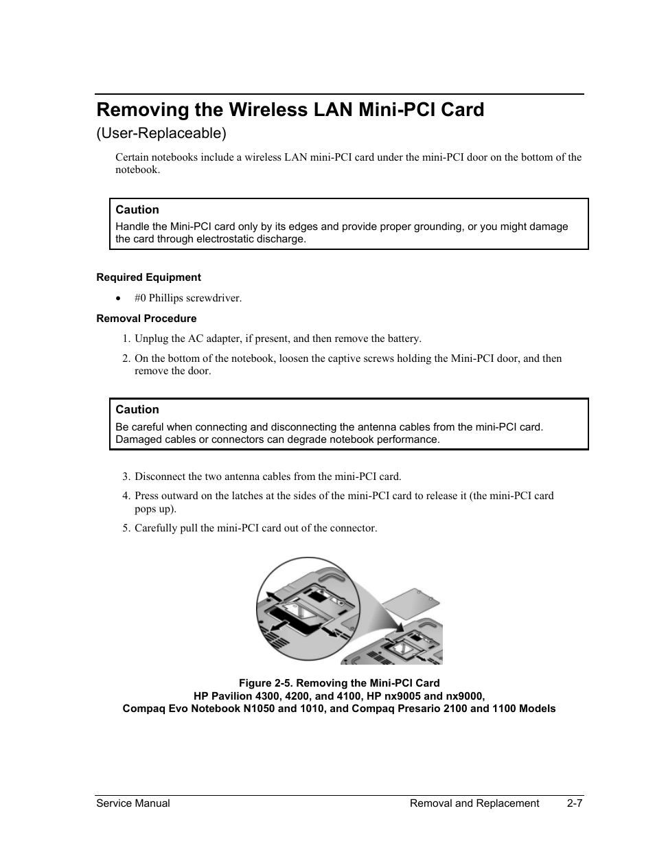 Removing the wireless lan mini-pci card, Removing the wireless lan mini-pci card -7, Figure 2-5. removing the mini-pci card -7 | User-replaceable) | HP Pavilion ze5300 User Manual | Page 78 / 188