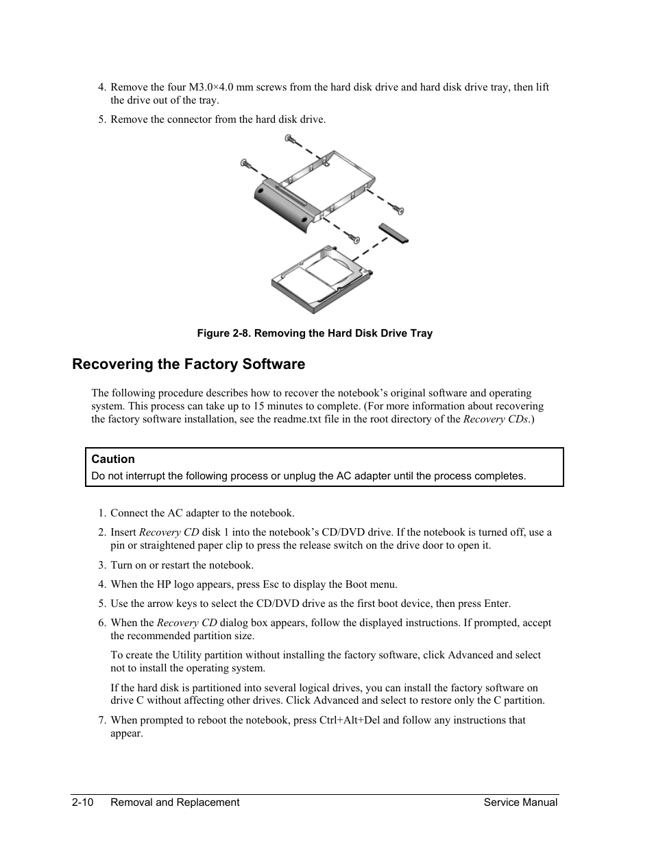 Figure 2-8. removing the hard disk drive tray -10, Recovering the factory software | HP Pavilion ze5300 User Manual | Page 81 / 188