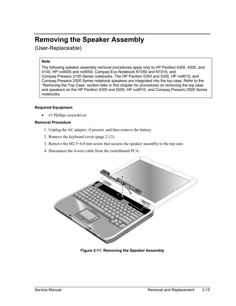 Removing the speaker assembly, Removing the speaker assembly -15, Figure 2-11. removing the speaker assembly -15 | User-replaceable) | HP Pavilion ze5300 User Manual | Page 86 / 188