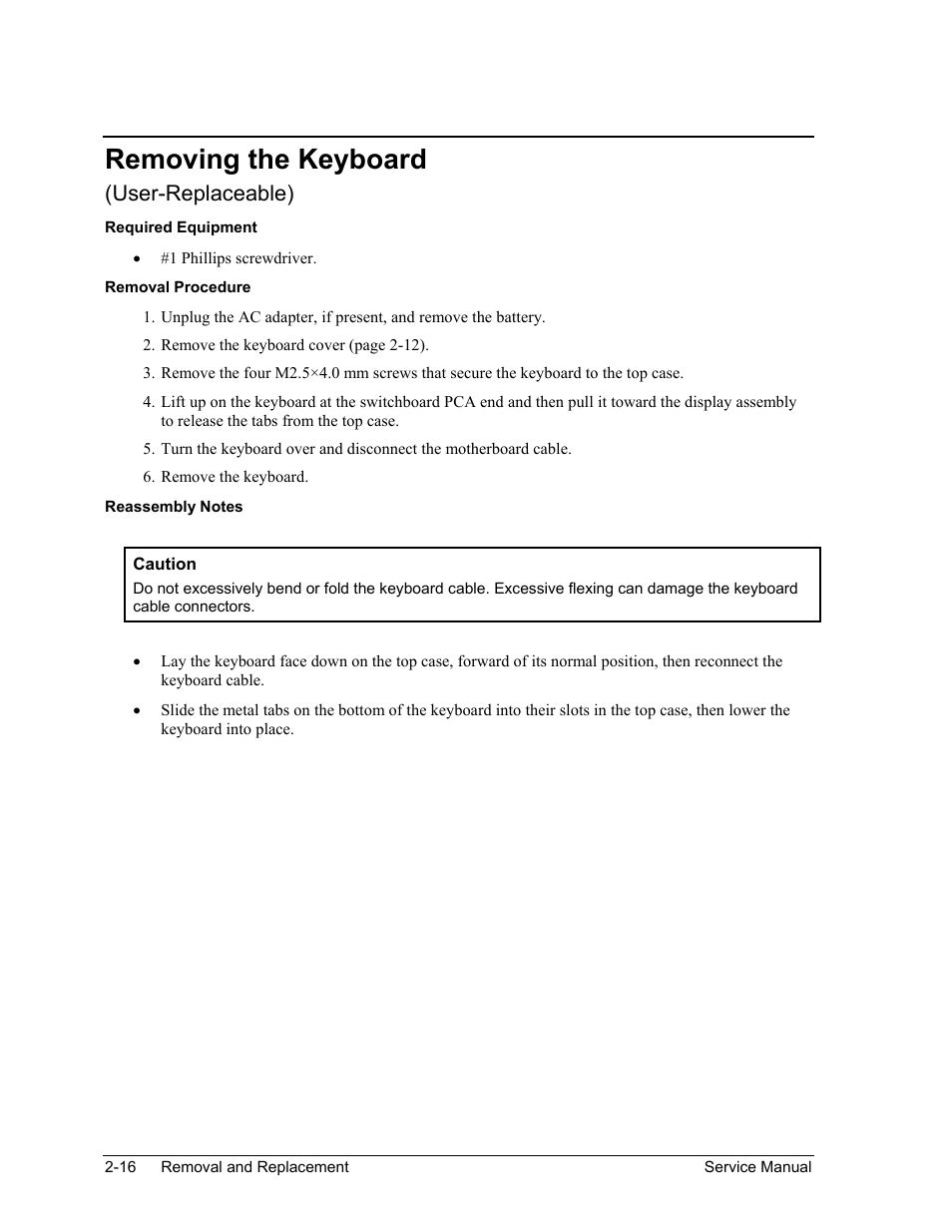 Removing the keyboard, Removing the keyboard -16, User-replaceable) | HP Pavilion ze5300 User Manual | Page 87 / 188