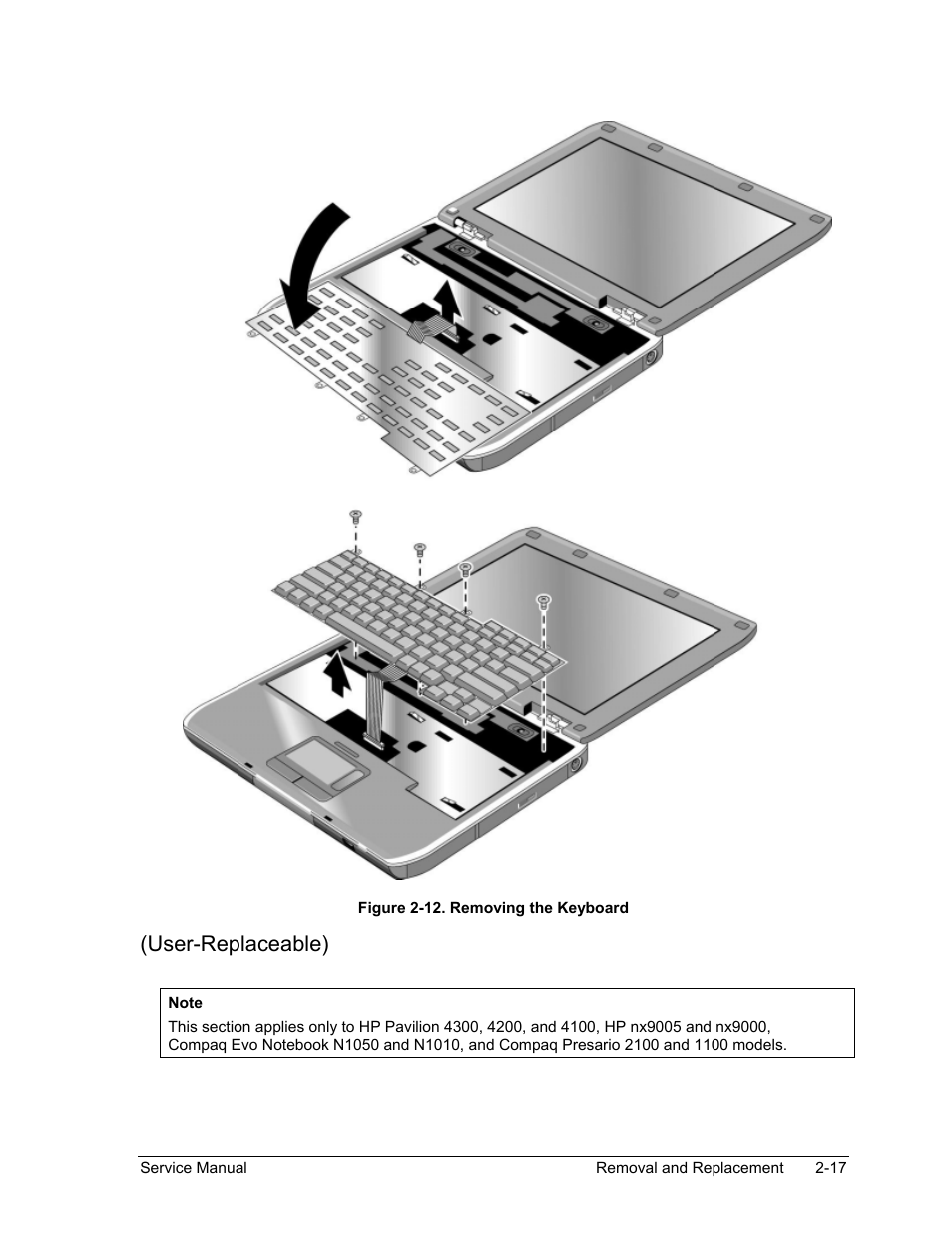 Figure 2-12. removing the keyboard -17, User-replaceable) | HP Pavilion ze5300 User Manual | Page 88 / 188
