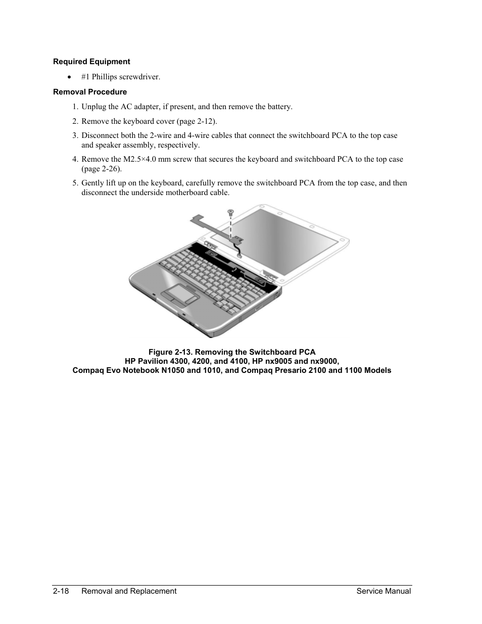 Figure 2-13. removing the switchboard pca -18 | HP Pavilion ze5300 User Manual | Page 89 / 188