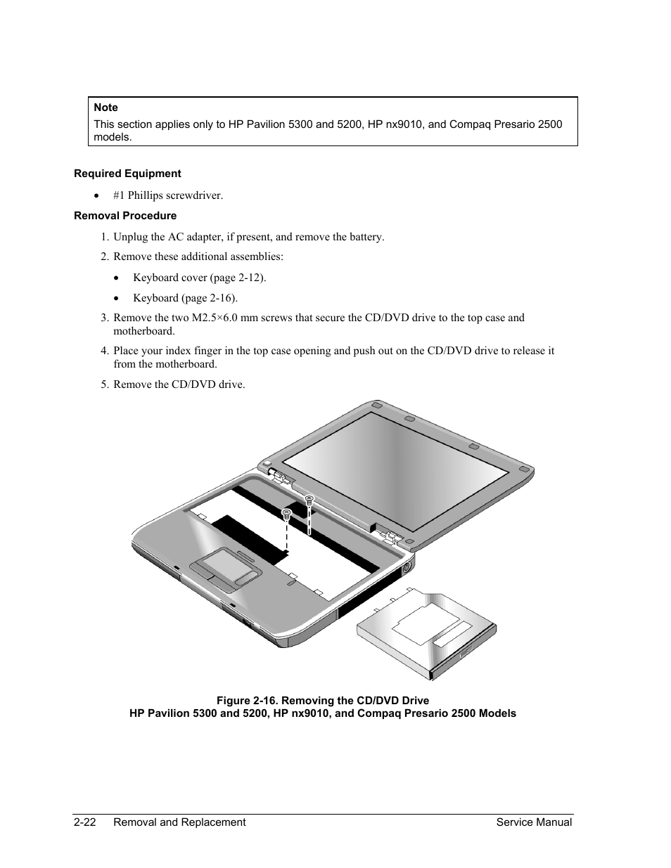 Figure 2-16. removing the cd/dvd drive -22 | HP Pavilion ze5300 User Manual | Page 93 / 188