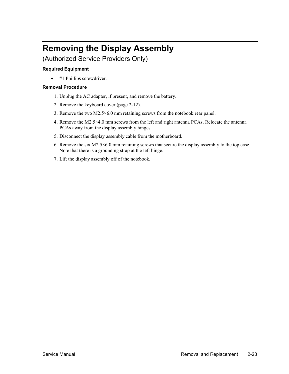 Removing the display assembly, Removing the display assembly -23, Authorized service providers only) | HP Pavilion ze5300 User Manual | Page 94 / 188