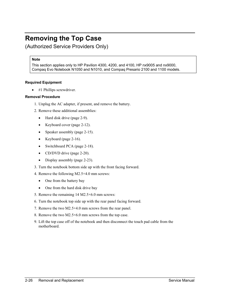 Removing the top case, Removing the top case -26, Authorized service providers only) | HP Pavilion ze5300 User Manual | Page 97 / 188