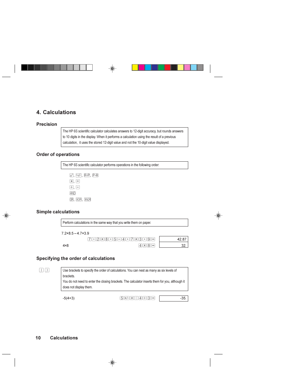 Calculations, Precision, Order of operations | Simple calculations, Specifying the order of calculations | HP 6S User Manual | Page 10 / 21