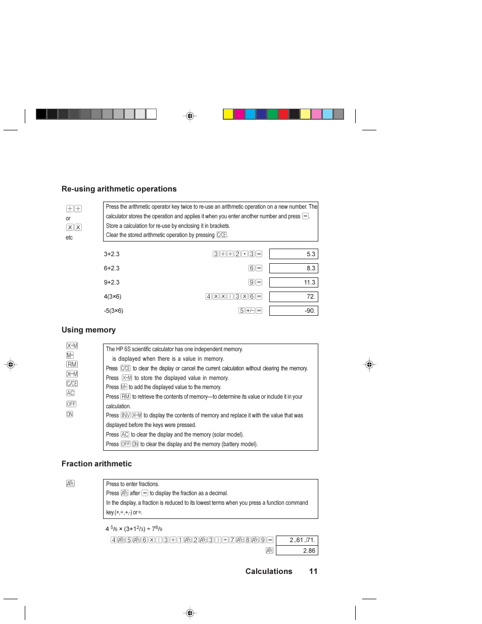 Re-using arithmetic operations, Using memory, Fraction arithmetic | HP 6S User Manual | Page 11 / 21