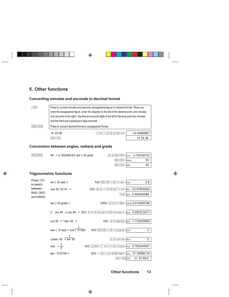 Other functions, Converting minutes and seconds to decimal format, Conversion between angles, radians and grads | Trigonometric functions | HP 6S User Manual | Page 13 / 21