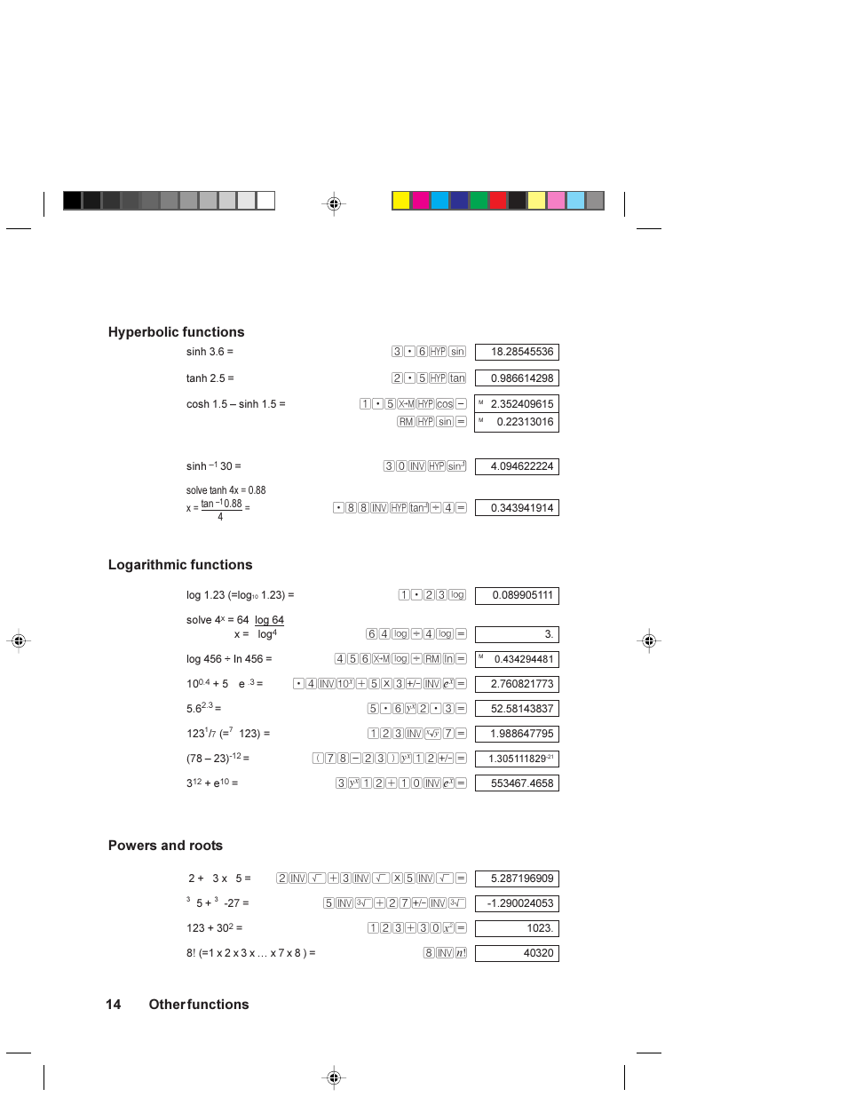 Hyperbolic functions, Logarithmic functions, Powers and roots | 14 hyperbolic functions, Other functions | HP 6S User Manual | Page 14 / 21