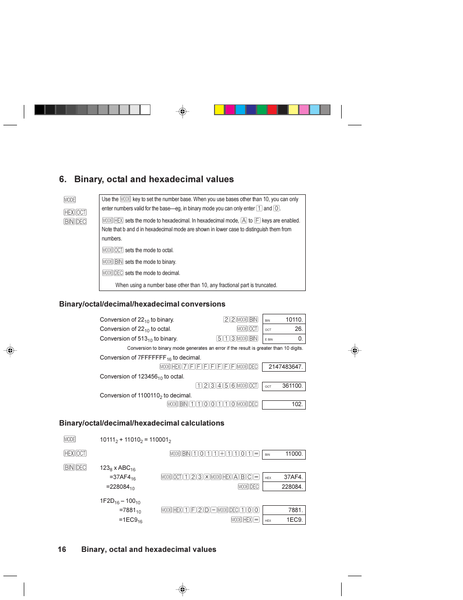 Binary, octal and hexadecimal values, Binary/octal/decimal/hexadecimal conversions, Binary/octal/decimal/hexadecimal calculations | 16 binary/octal/decimal/hexadecimal conversions | HP 6S User Manual | Page 16 / 21