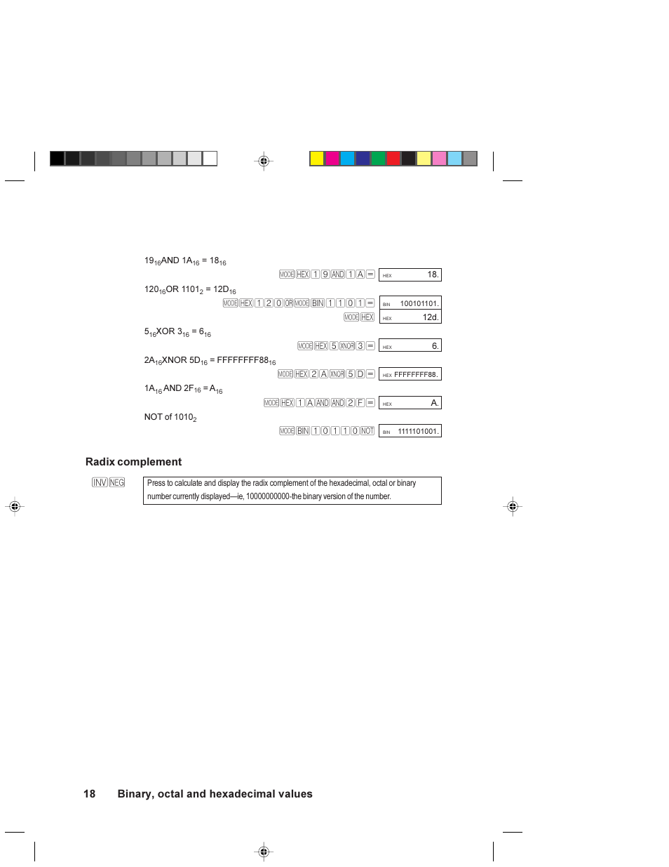 Radix complement, Binary, octal and hexadecimal values | HP 6S User Manual | Page 18 / 21