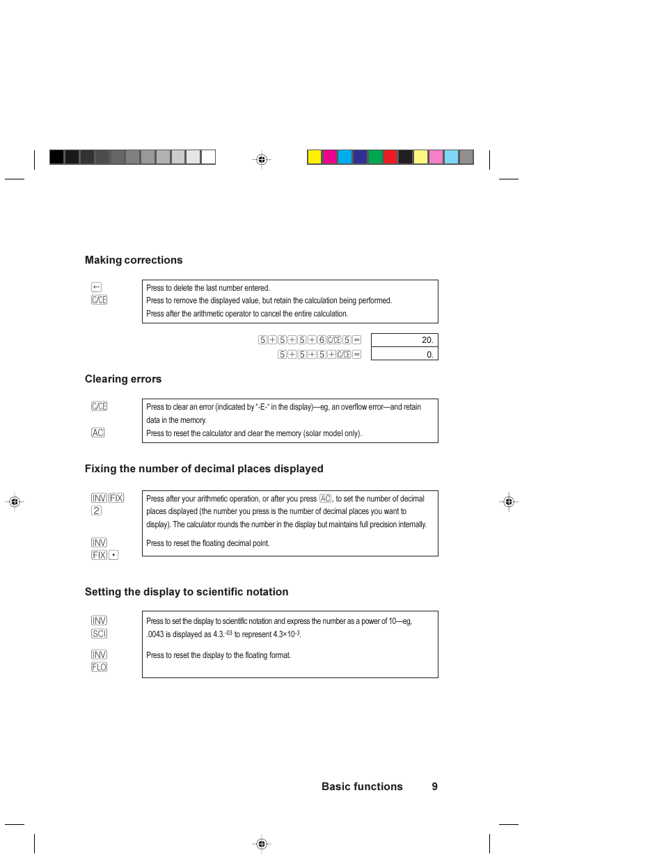 Making corrections, Clearing errors, Fixing number of decimal places displayed | Setting display to scientific notation | HP 6S User Manual | Page 9 / 21