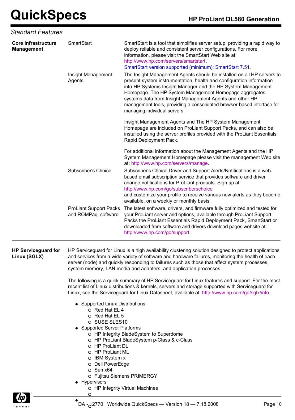 Quickspecs, Hp proliant dl580 generation 5 standard features | HP Proliant DL580 User Manual | Page 10 / 48