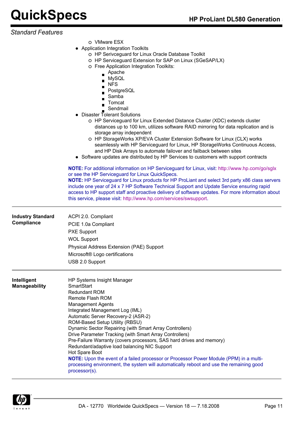 Quickspecs, Hp proliant dl580 generation 5 standard features | HP Proliant DL580 User Manual | Page 11 / 48