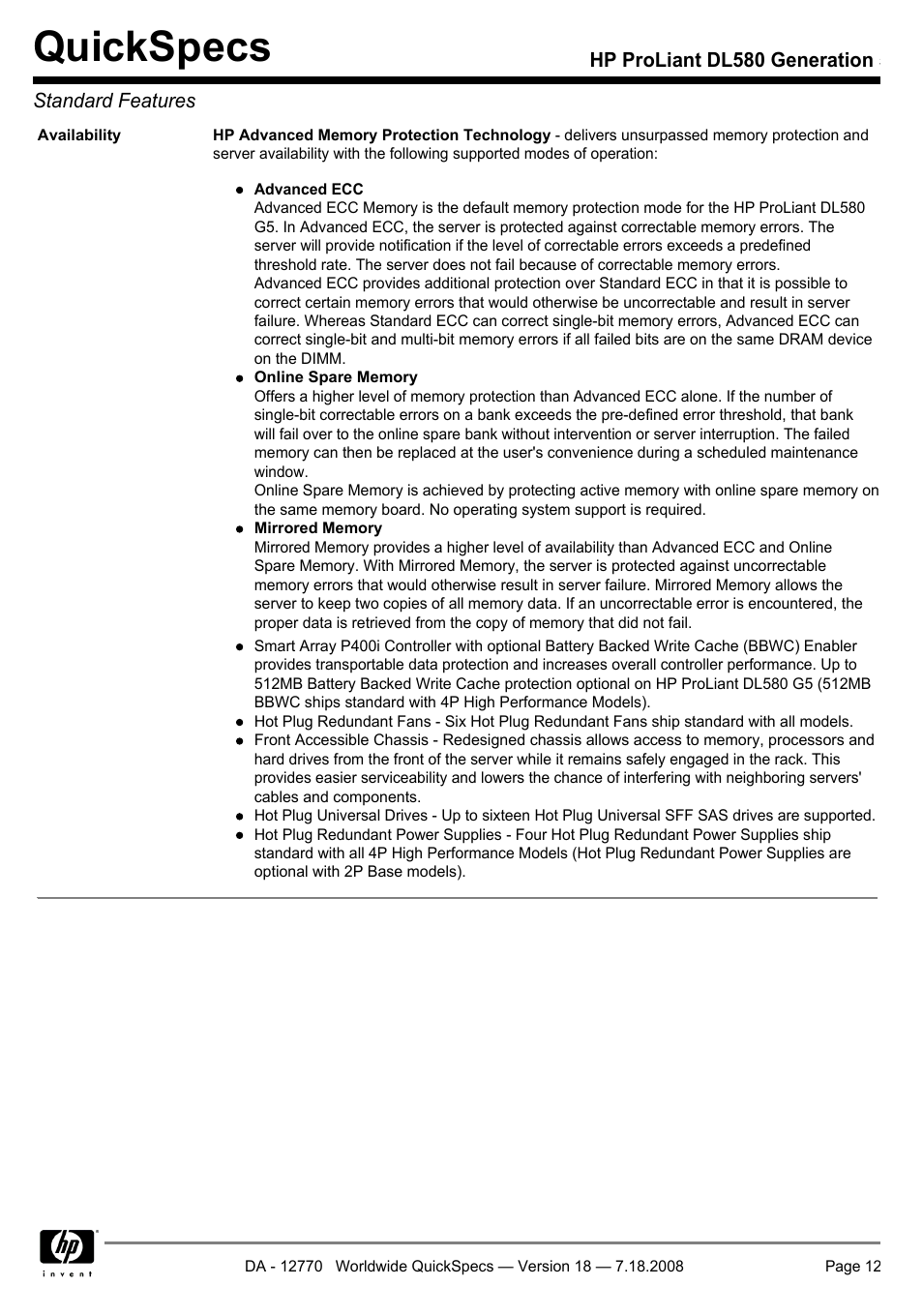 Quickspecs | HP Proliant DL580 User Manual | Page 12 / 48